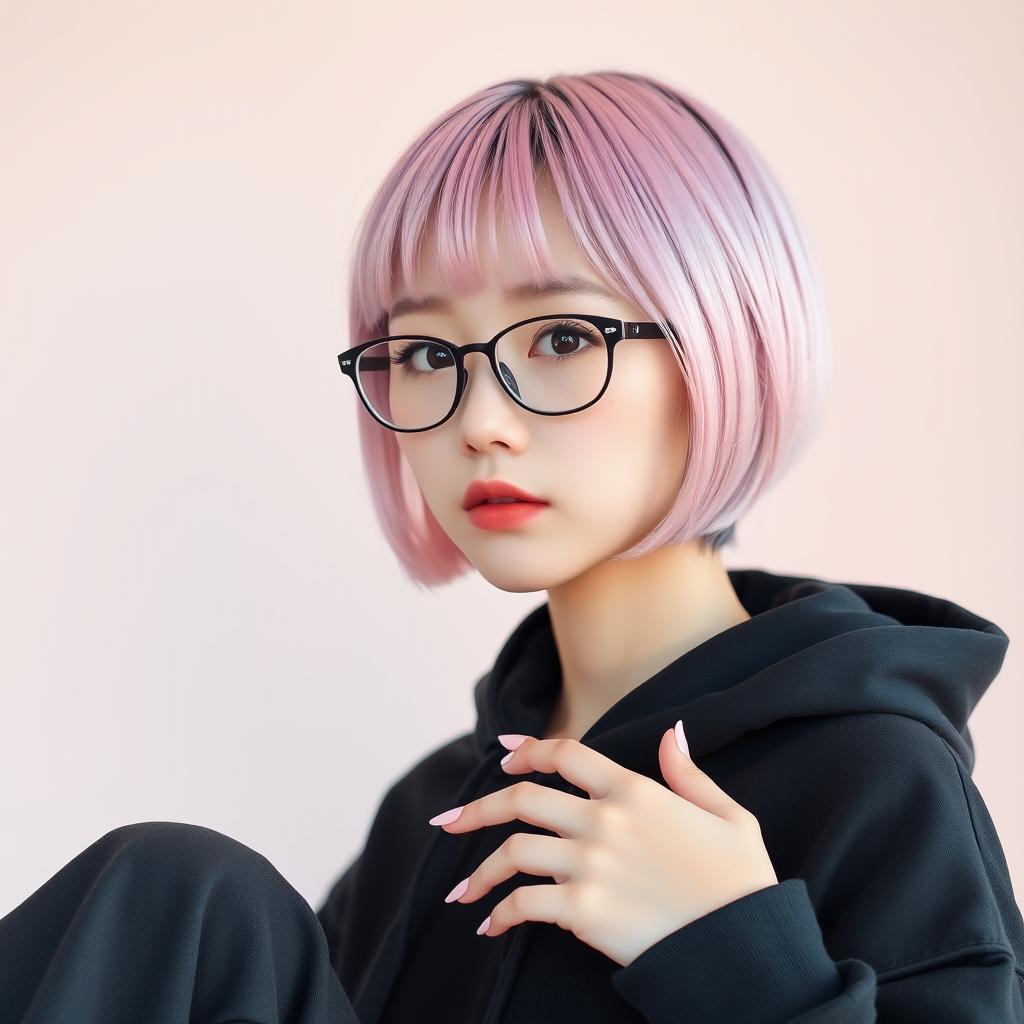 A tall Korean girl with very fair skin, medium short hair dyed pastel pink with black tips, and bangs