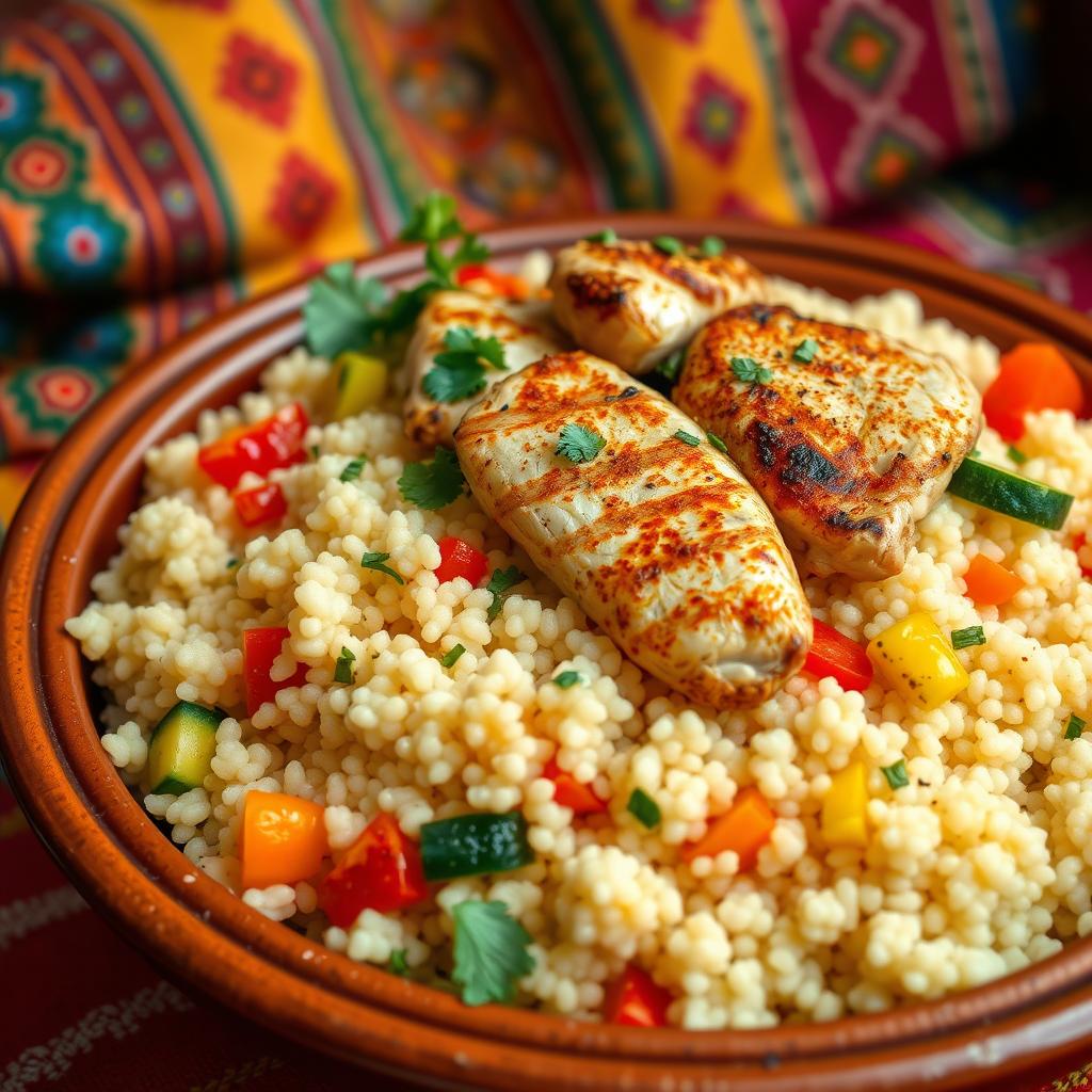 A beautifully arranged plate of chicken couscous, showcasing fluffy, fluffy couscous grains cooked to perfection, garnished with vibrant vegetables such as bell peppers, carrots, and zucchini