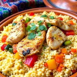 A beautifully arranged plate of chicken couscous, showcasing fluffy, fluffy couscous grains cooked to perfection, garnished with vibrant vegetables such as bell peppers, carrots, and zucchini