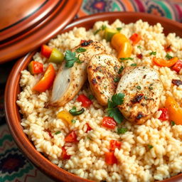 A beautifully arranged plate of chicken couscous, showcasing fluffy, fluffy couscous grains cooked to perfection, garnished with vibrant vegetables such as bell peppers, carrots, and zucchini