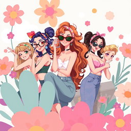 A vibrant and colorful illustration of animated women in various playful and artistic poses, showcasing their beauty and confidence