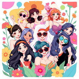 A vibrant and colorful illustration of animated women in various playful and artistic poses, showcasing their beauty and confidence