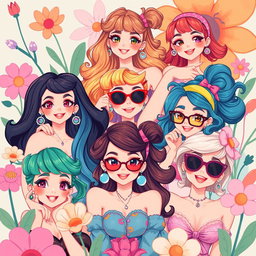 A vibrant and colorful illustration of animated women in various playful and artistic poses, showcasing their beauty and confidence