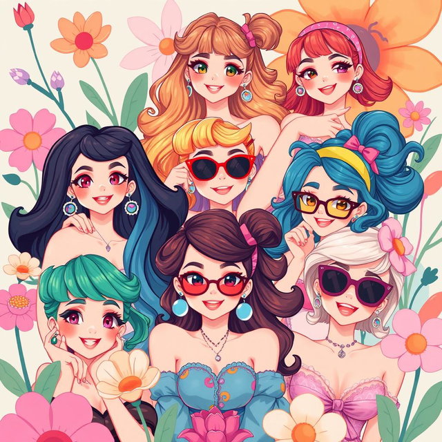 A vibrant and colorful illustration of animated women in various playful and artistic poses, showcasing their beauty and confidence