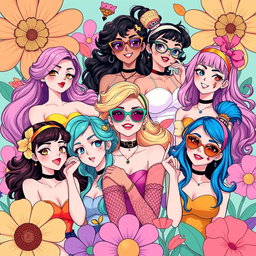 A vibrant and colorful illustration of animated women in various playful and artistic poses, showcasing their beauty and confidence
