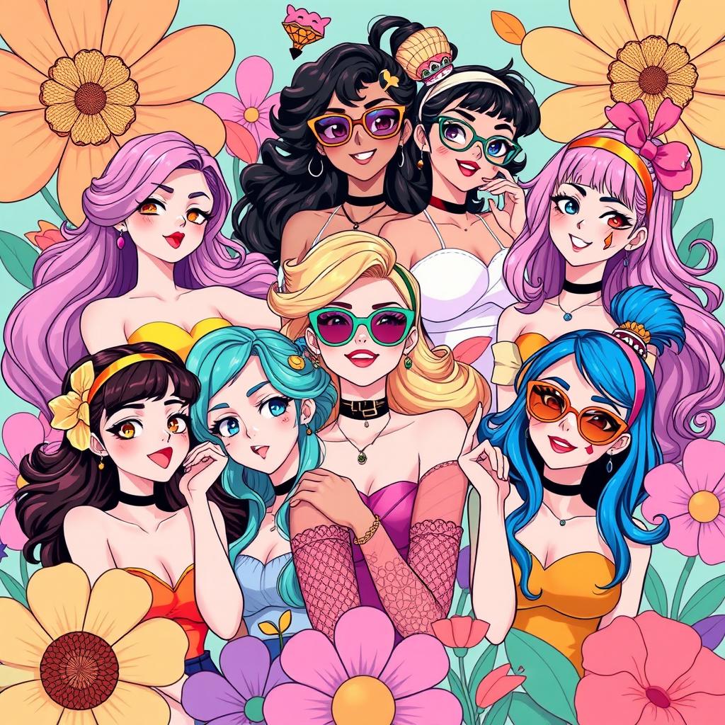 A vibrant and colorful illustration of animated women in various playful and artistic poses, showcasing their beauty and confidence