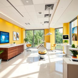 A modern dental design office interior, showcasing sleek and contemporary furniture, bright and inviting colors, large windows allowing natural light to pour in, and state-of-the-art dental equipment