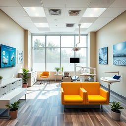 A modern dental design office interior, showcasing sleek and contemporary furniture, bright and inviting colors, large windows allowing natural light to pour in, and state-of-the-art dental equipment