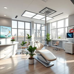 A modern dental design office interior, showcasing sleek and contemporary furniture, bright and inviting colors, large windows allowing natural light to pour in, and state-of-the-art dental equipment