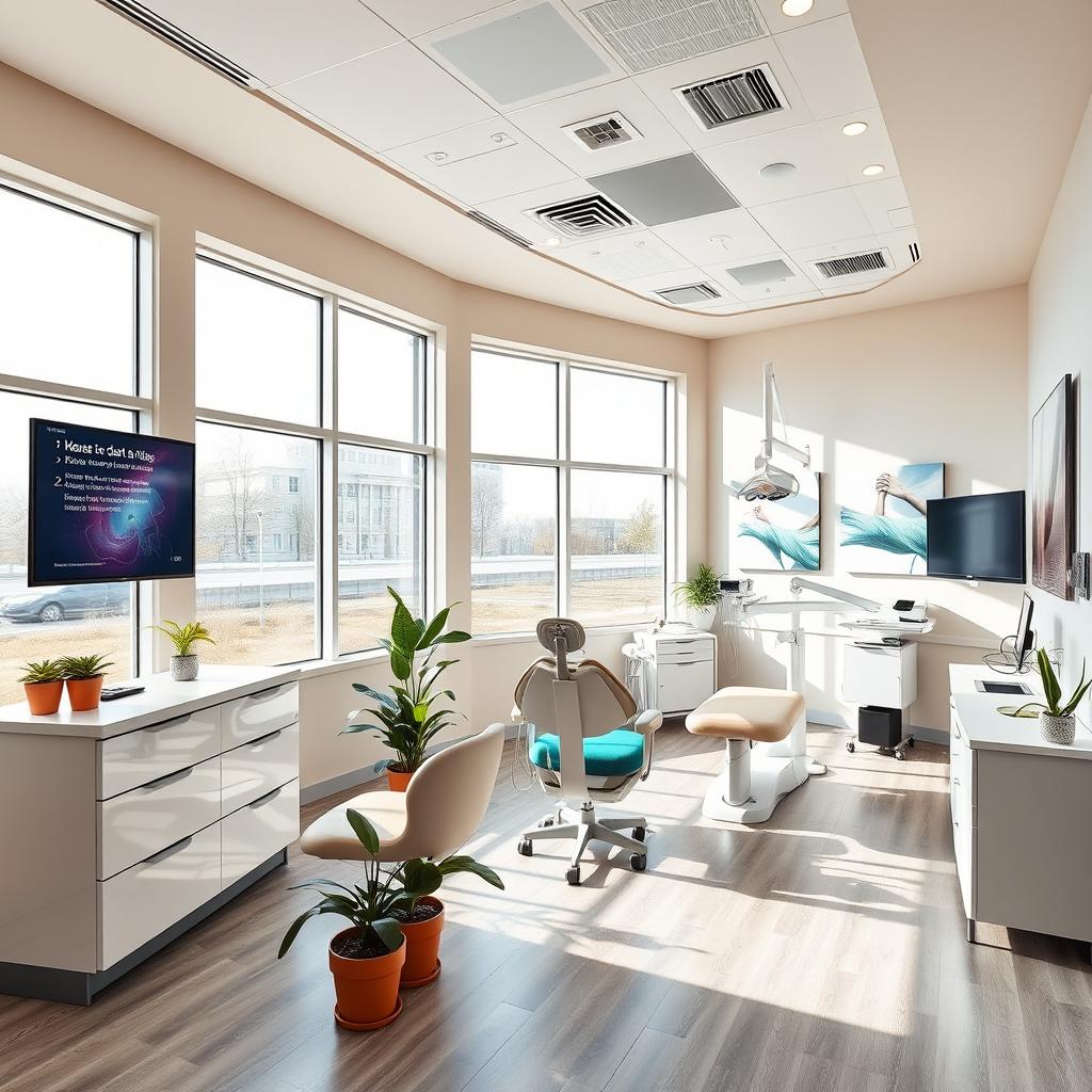 A modern dental design office interior, showcasing sleek and contemporary furniture, bright and inviting colors, large windows allowing natural light to pour in, and state-of-the-art dental equipment