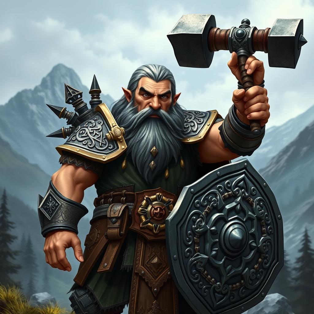 A hill dwarf war cleric with striking black eyes and grey hair, standing confidently in a battle-ready stance