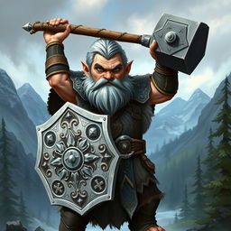 A hill dwarf war cleric with striking black eyes and grey hair, standing confidently in a battle-ready stance