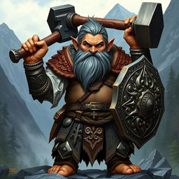 A hill dwarf war cleric with striking black eyes and grey hair, standing confidently in a battle-ready stance