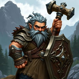 A hill dwarf war cleric with striking black eyes and grey hair, standing confidently in a battle-ready stance