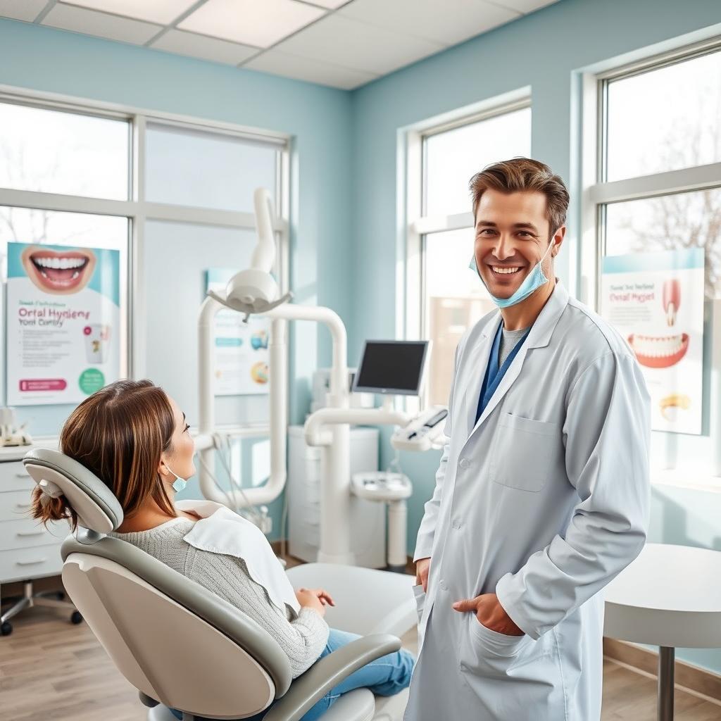 A bright and inviting dental clinic interior, featuring modern dental equipment, a comfortable patient chair, and large windows allowing natural light to flood the space
