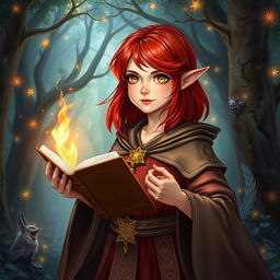 A young half-elf wizard with striking red hair that is just under shoulder length, showcasing sparkling golden eyes