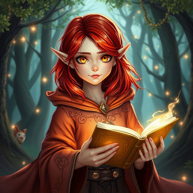 A young half-elf wizard with striking red hair that is just under shoulder length, showcasing sparkling golden eyes