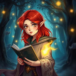 A young half-elf wizard with striking red hair that is just under shoulder length, showcasing sparkling golden eyes