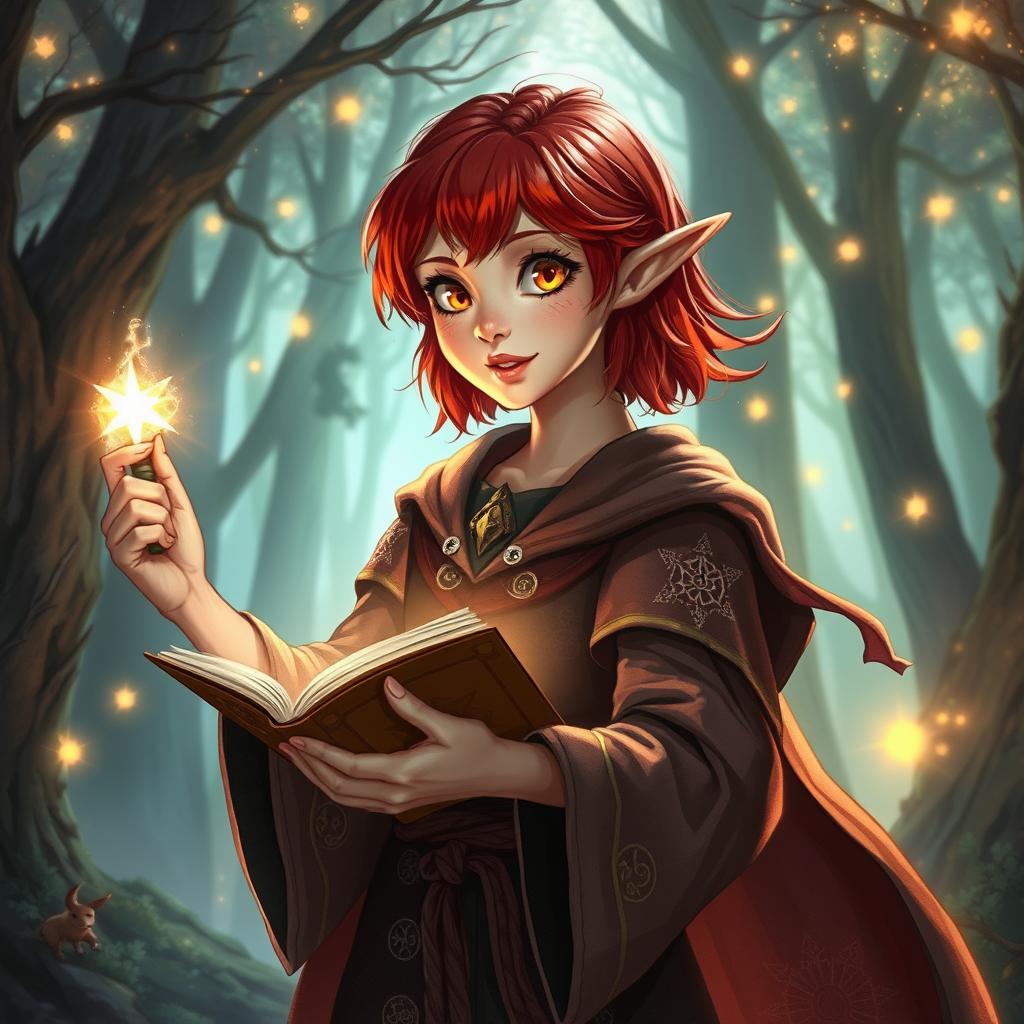 A young half-elf wizard with striking red hair that is just under shoulder length, showcasing sparkling golden eyes