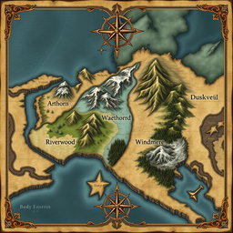 A detailed map of a fictional continent featuring the following regions clearly labeled: 'Arthorn', 'Valenwood', 'Rivermere', 'Windhelm', and 'Duskveil'