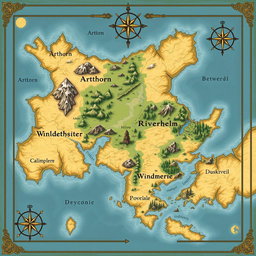 A detailed map of a fictional continent featuring the following regions clearly labeled: 'Arthorn', 'Valenwood', 'Rivermere', 'Windhelm', and 'Duskveil'