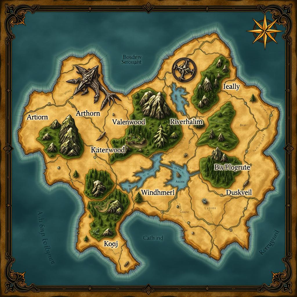 A detailed map of a fictional continent featuring the following regions clearly labeled: 'Arthorn', 'Valenwood', 'Rivermere', 'Windhelm', and 'Duskveil'