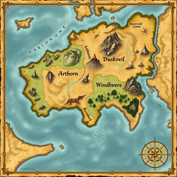 A detailed map of a fictional continent featuring the following regions clearly labeled: 'Arthorn', 'Valenwood', 'Rivermere', 'Windhelm', and 'Duskveil'