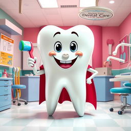 A giant, anthropomorphic tooth character with a friendly smile, standing in a colorful, cartoon-style dental office filled with oversized toothbrushes and dental floss