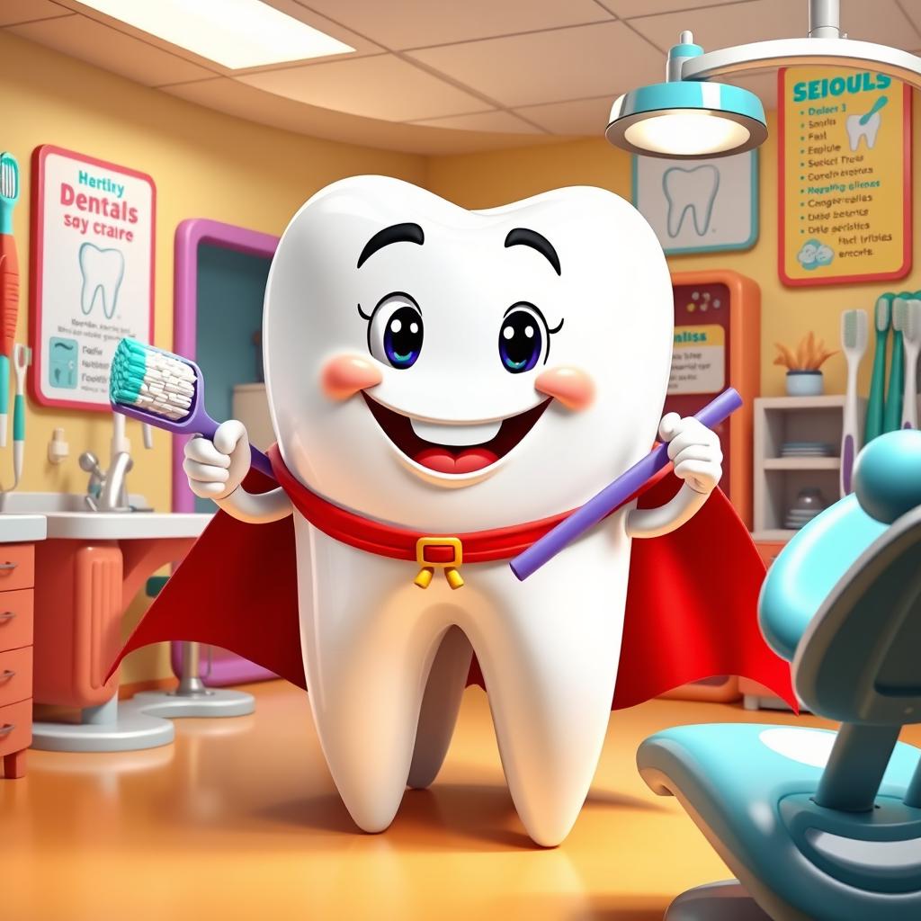 A giant, anthropomorphic tooth character with a friendly smile, standing in a colorful, cartoon-style dental office filled with oversized toothbrushes and dental floss