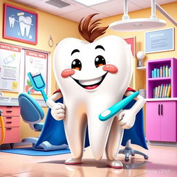 A giant, anthropomorphic tooth character with a friendly smile, standing in a colorful, cartoon-style dental office filled with oversized toothbrushes and dental floss