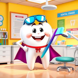 A giant, anthropomorphic tooth character with a friendly smile, standing in a colorful, cartoon-style dental office filled with oversized toothbrushes and dental floss