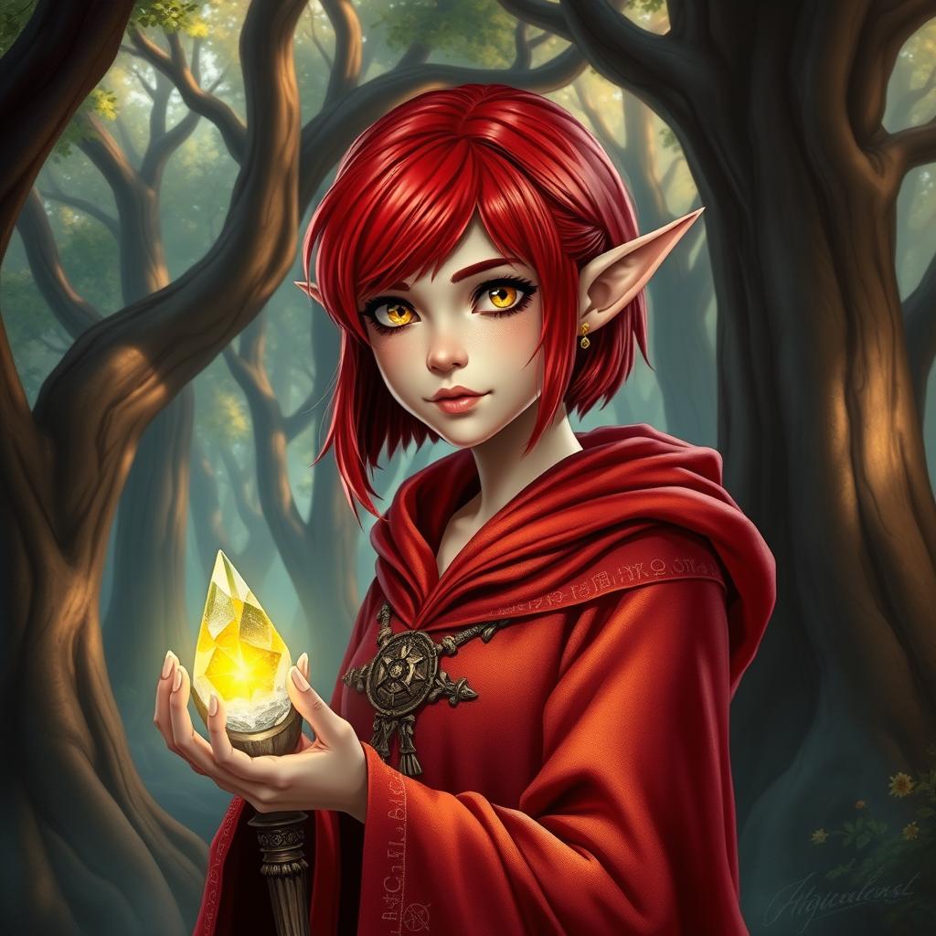 A young half-elf female wizard with vibrant red hair just under shoulder length and striking gold eyes