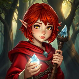 A young half-elf female wizard with vibrant red hair just under shoulder length and striking gold eyes