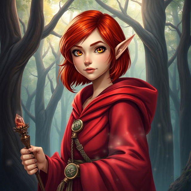 A young half-elf female wizard with vibrant red hair just under shoulder length and striking gold eyes