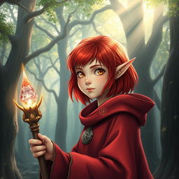 A young half-elf female wizard with vibrant red hair just under shoulder length and striking gold eyes
