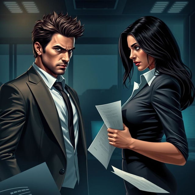 A tense and dynamic scene depicting the rivalry and unexpected collaboration of two attractive characters, Nicholas Spencer and Lia Moretti, in a dimly lit, modern office setting