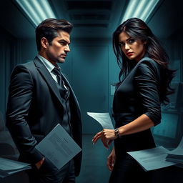 A tense and dynamic scene depicting the rivalry and unexpected collaboration of two attractive characters, Nicholas Spencer and Lia Moretti, in a dimly lit, modern office setting