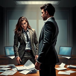 A tense and dynamic scene depicting the rivalry and unexpected collaboration of two attractive characters, Nicholas Spencer and Lia Moretti, in a dimly lit, modern office setting