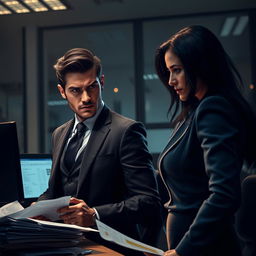 A tense and dynamic scene depicting the rivalry and unexpected collaboration of two attractive characters, Nicholas Spencer and Lia Moretti, in a dimly lit, modern office setting