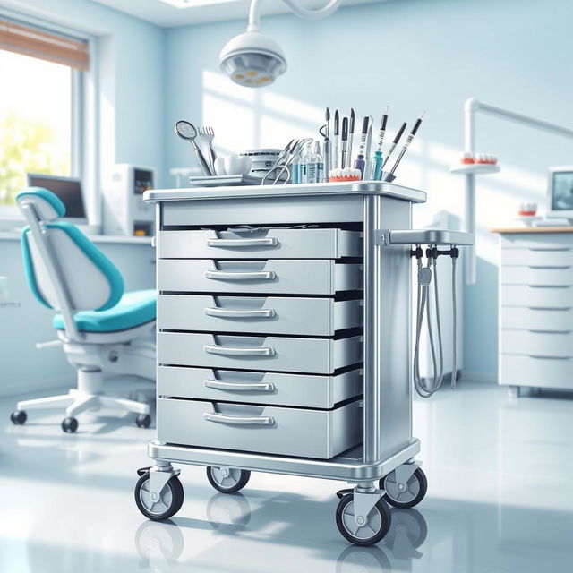 A detailed and realistic illustration of a modern dental cart filled with various dental tools and equipment