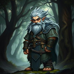 A hill dwarf war cleric standing confidently, with striking black eyes and flowing grey hair