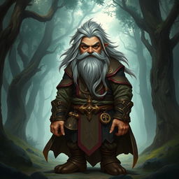A hill dwarf war cleric standing confidently, with striking black eyes and flowing grey hair