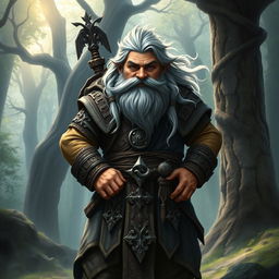 A hill dwarf war cleric standing confidently, with striking black eyes and flowing grey hair
