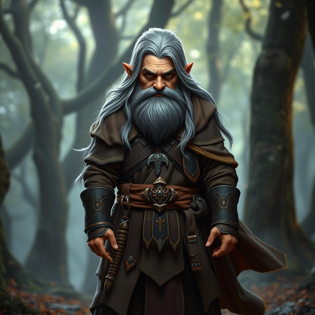 A hill dwarf war cleric standing confidently, with striking black eyes and flowing grey hair