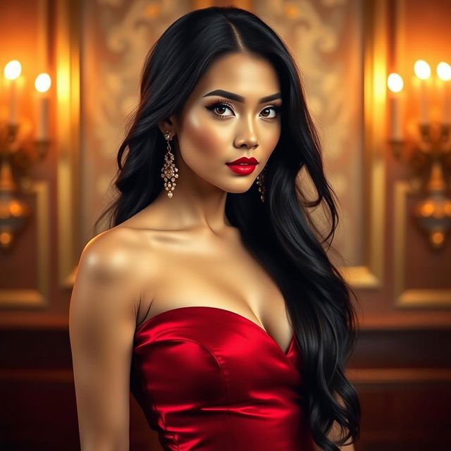 A glamorous portrait of an elegant woman with long, flowing black hair and striking features, dressed in a stylish red evening gown