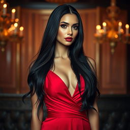 A glamorous portrait of an elegant woman with long, flowing black hair and striking features, dressed in a stylish red evening gown