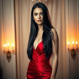 A glamorous portrait of an elegant woman with long, flowing black hair and striking features, dressed in a stylish red evening gown