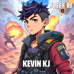 A vibrant and dynamic anime-style profile picture inspired by the Free Fire video game, featuring a heroic character named Kevin KJ