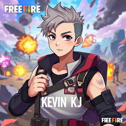 A vibrant and dynamic anime-style profile picture inspired by the Free Fire video game, featuring a heroic character named Kevin KJ