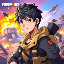 A vibrant and dynamic anime-style profile picture inspired by the Free Fire video game, featuring a heroic character named Kevin KJ